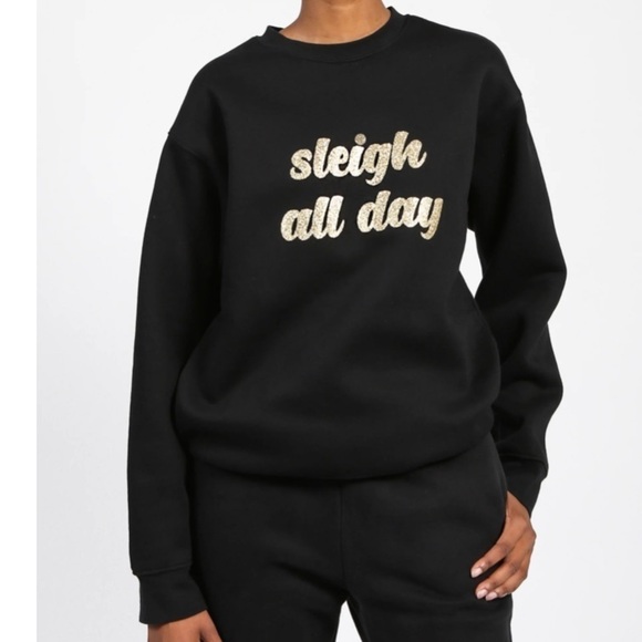 BRUNETTE the Label "SLEIGH ALL DAY" Classic Crew Neck Sweatshirt Gold Glitter - Picture 1 of 10